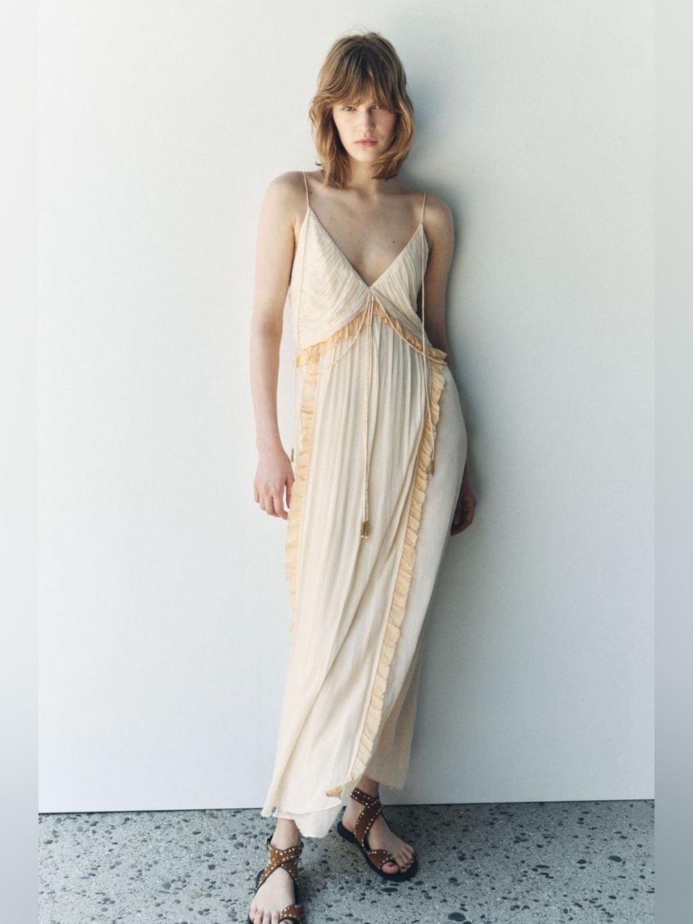 Zara Pale Yellow Crinkle Maxi Dress NWOT